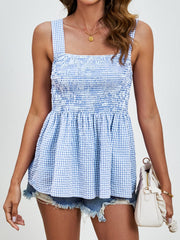 Smocked Plaid Square Neck Tank Trendsi