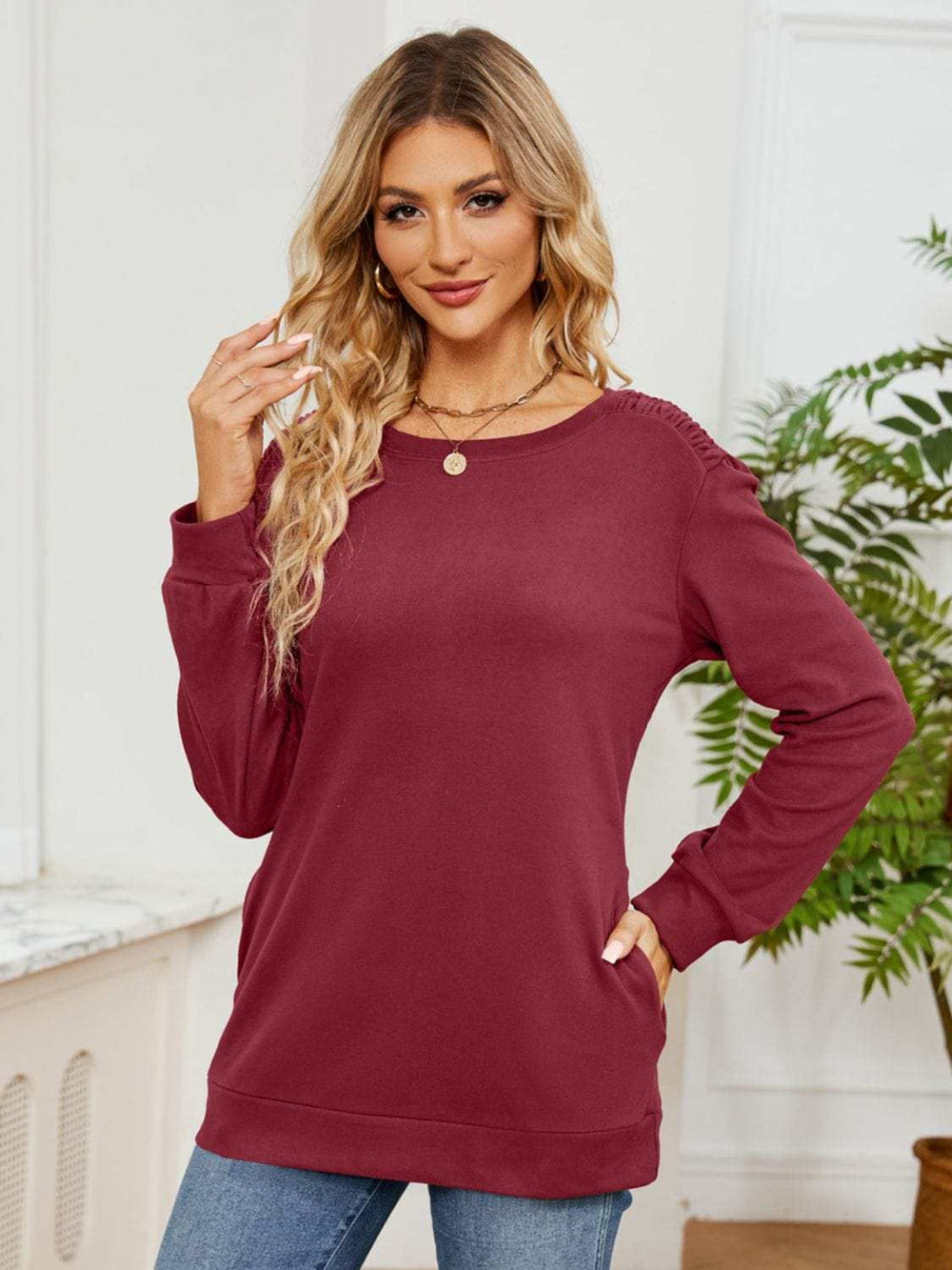 Ruched Shoulder Round Neck Long Sleeve Sweatshirt - Trendsi - Flyclothing LLC