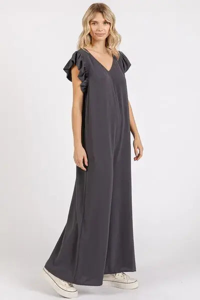 Mittoshop V-Neck Ruffled Cap Sleeve Wide Leg Jumpsuit - Trendsi - Flyclothing LLC