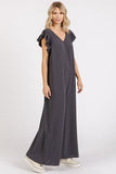 Mittoshop V-Neck Ruffled Cap Sleeve Wide Leg Jumpsuit - Trendsi