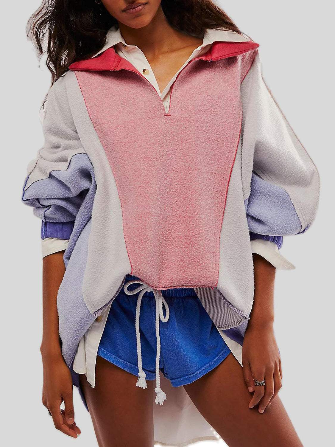 High-Low Exposed Seam Contrast Long Sleeve Sweatshirt - Trendsi - Flyclothing LLC