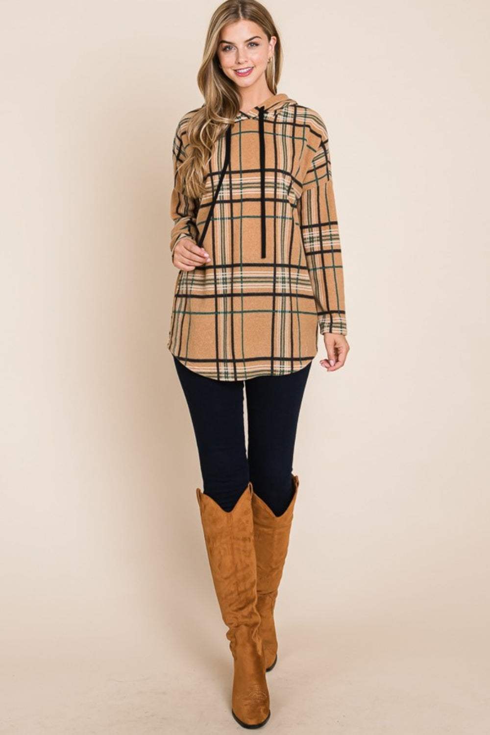 BOMBOM Drawstring Plaid Long Sleeve Hoodie - Trendsi - Flyclothing LLC