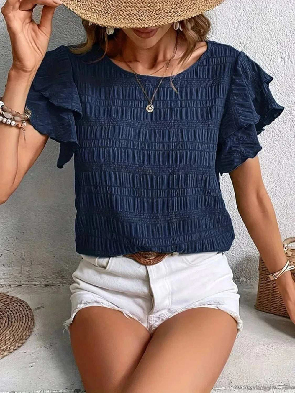 Round Neck Ruffled Short Sleeve Top - Trendsi - Flyclothing LLC