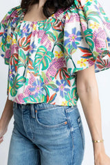 Plant Print Loose Fit Puff Sleeve Square Neck Blouse - Trendsi - Flyclothing LLC