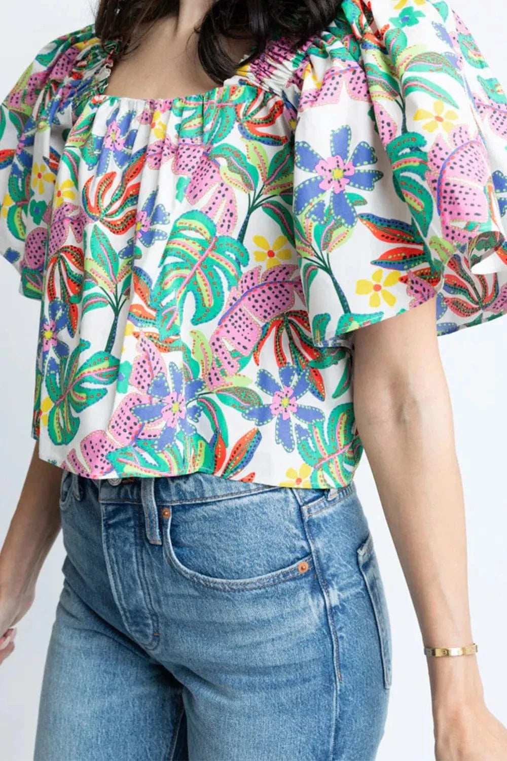 Plant Print Loose Fit Puff Sleeve Square Neck Blouse - Trendsi - Flyclothing LLC