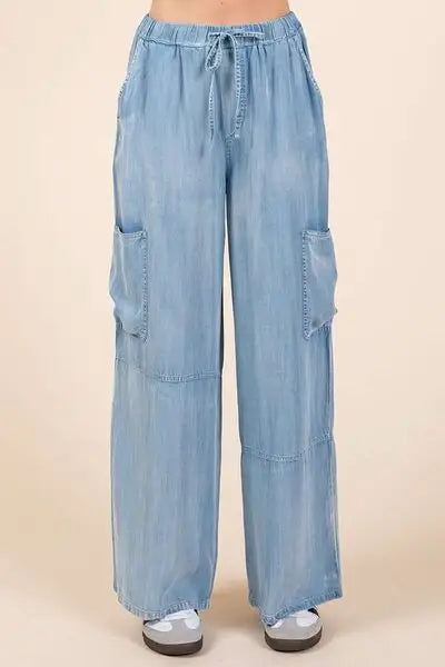 Mittoshop Washed Elastic Waist Cargo Wide Leg Pants - Trendsi - Flyclothing LLC