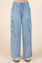 Mittoshop Washed Elastic Waist Cargo Wide Leg Pants - Trendsi - Flyclothing LLC