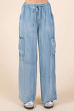 Mittoshop Washed Elastic Waist Cargo Wide Leg Pants - Trendsi
