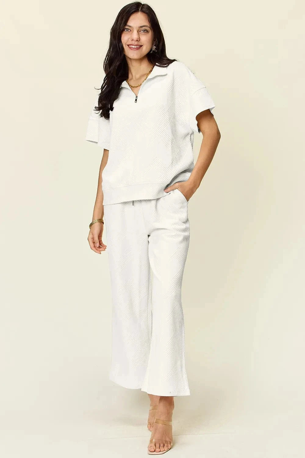 Double Take Full Size Texture Half Zip Short Sleeve Top and Pants Set - Trendsi