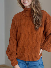 Cable-Knit Turtleneck Long Sleeve Sweater - Trendsi