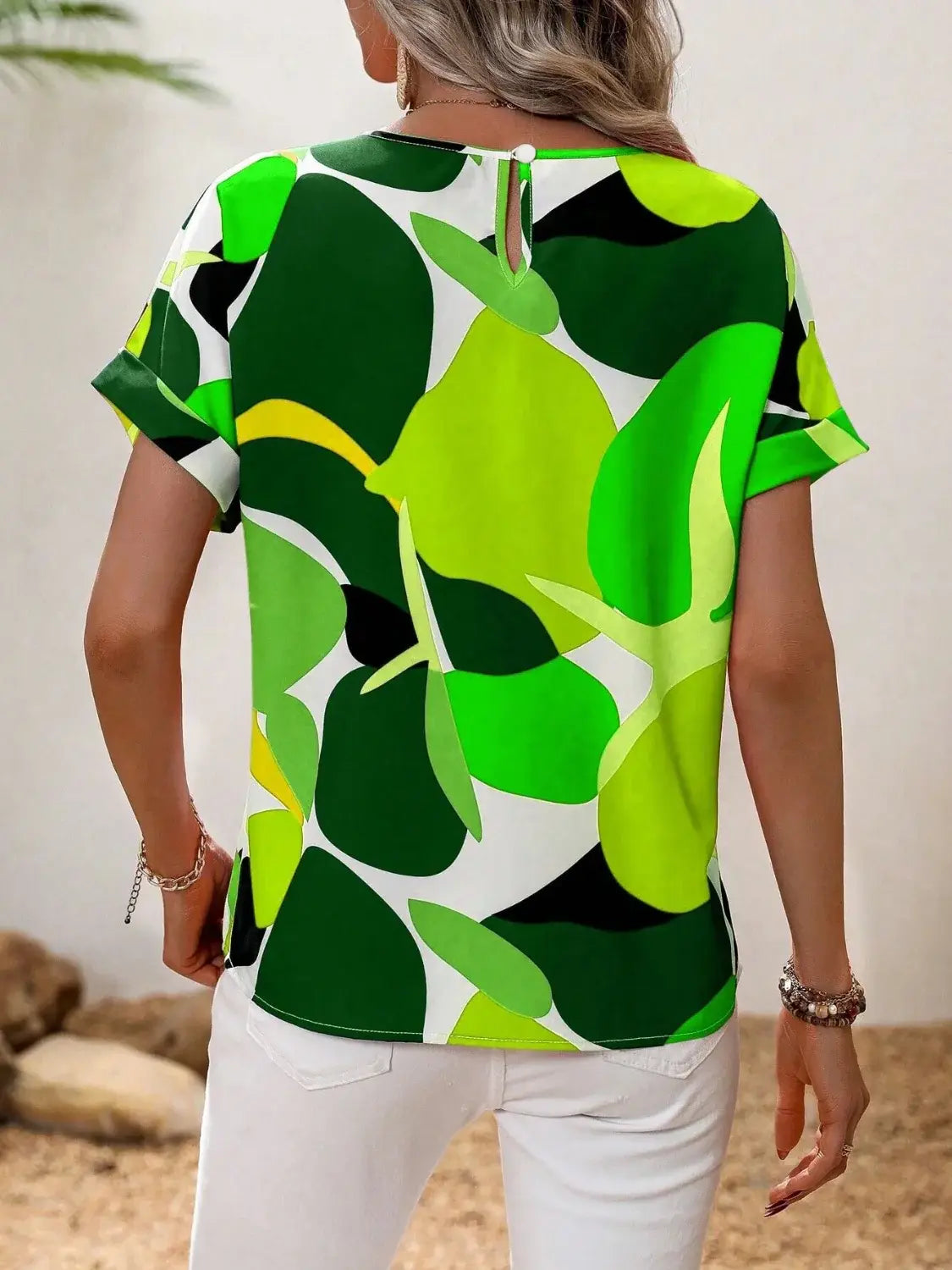 Contrast Round Neck Short Sleeve Blouse - Trendsi - Flyclothing LLC