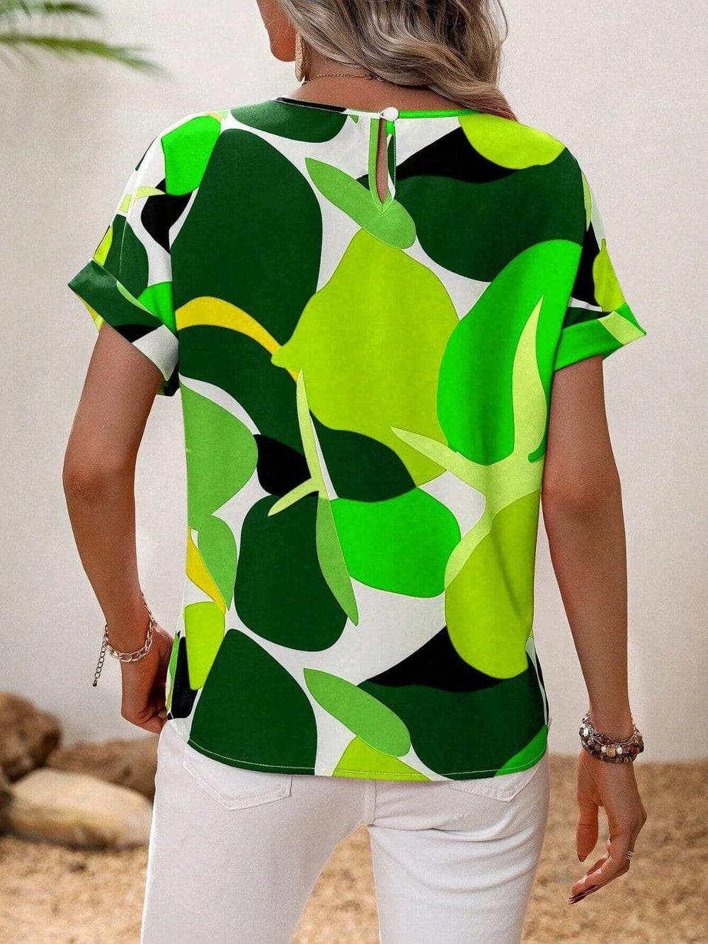 Contrast Round Neck Short Sleeve Blouse - Trendsi - Flyclothing LLC