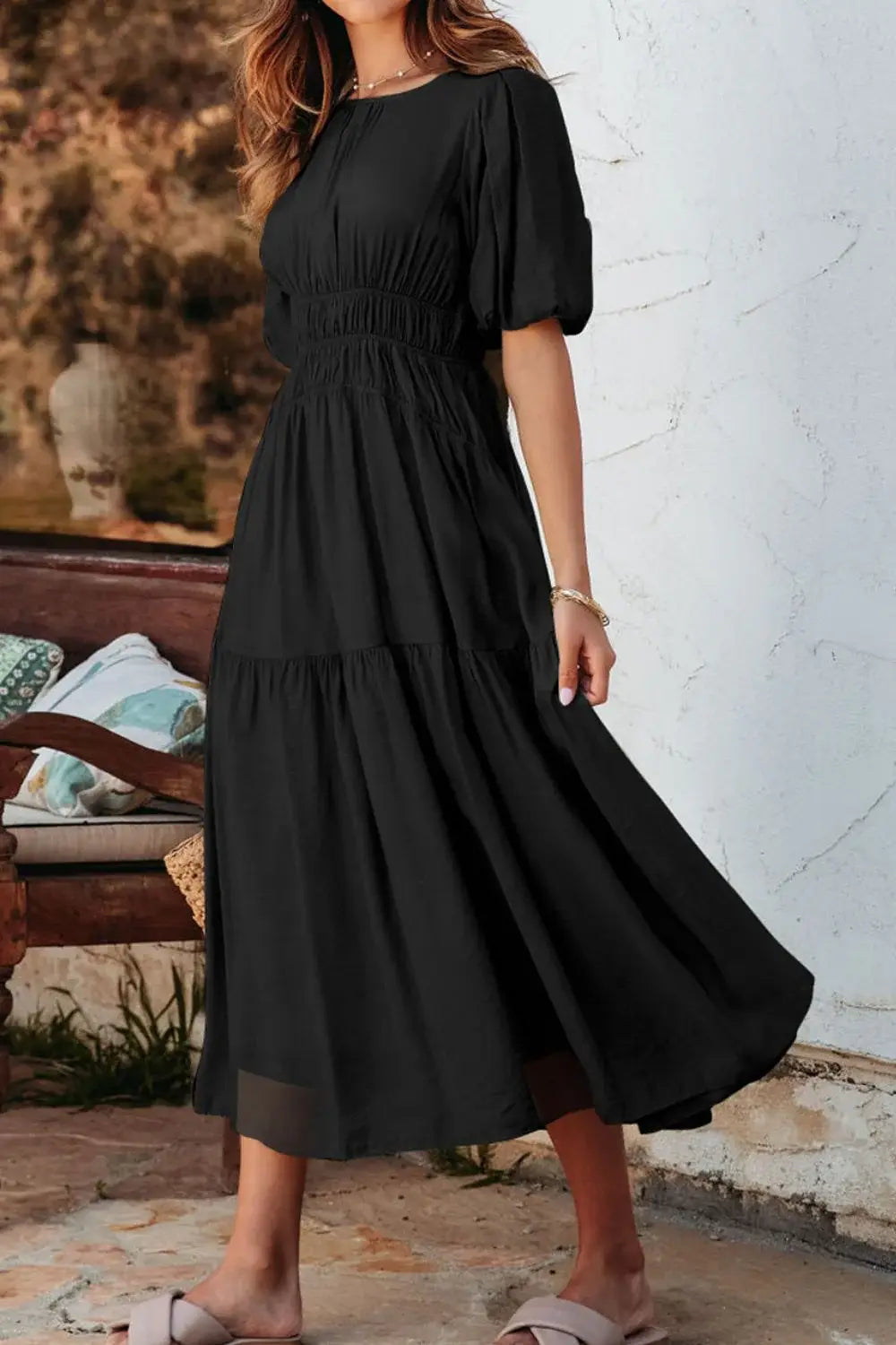 Puff Sleeve Pleated High Waist Flowy Midi Dress - Trendsi - Flyclothing LLC