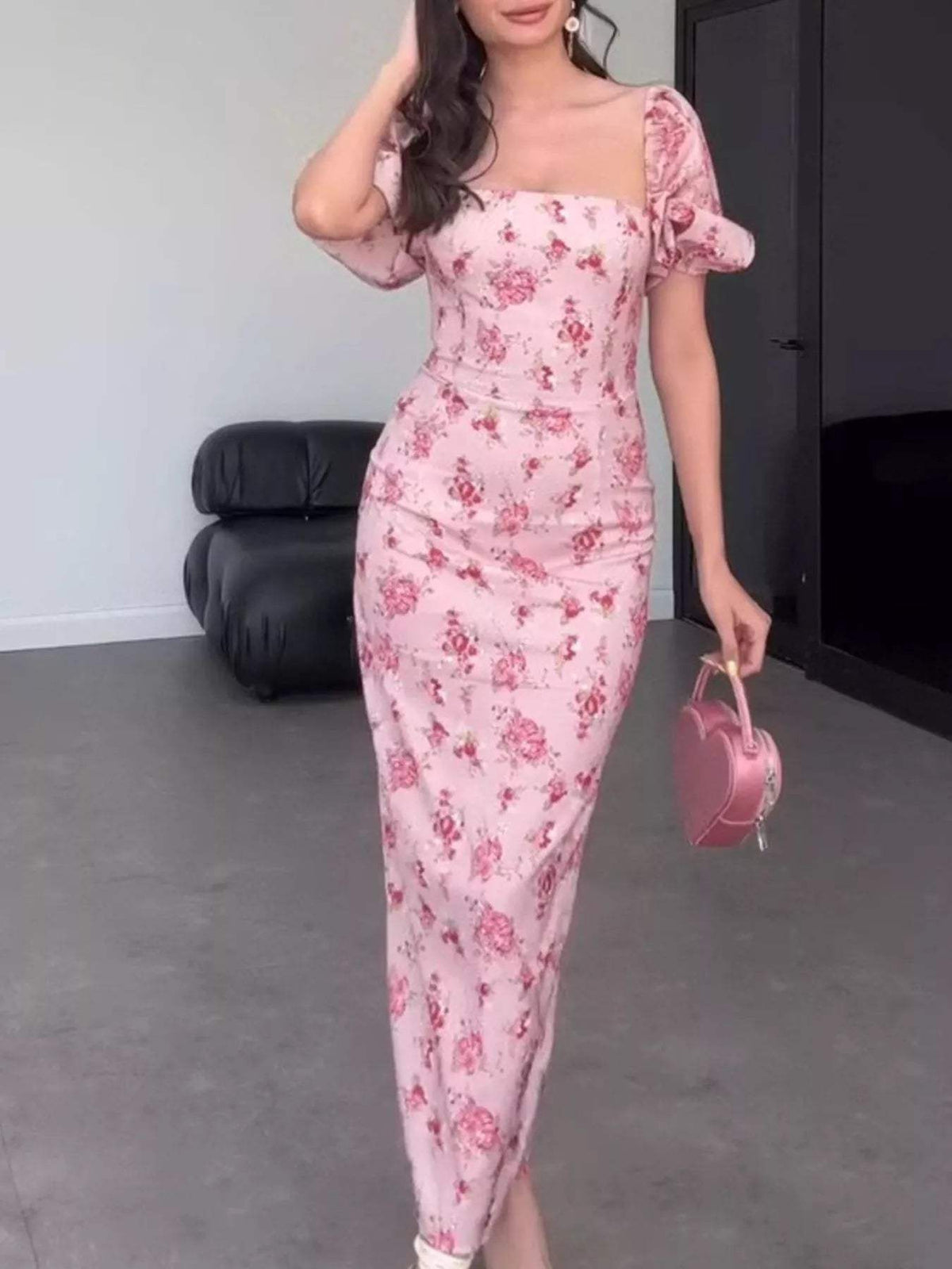 Floral Puff Sleeve Ruched Midi Dress - Trendsi - Flyclothing LLC
