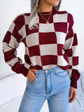 Checkered Mock Neck Long Sleeve Sweater - Trendsi - Flyclothing LLC