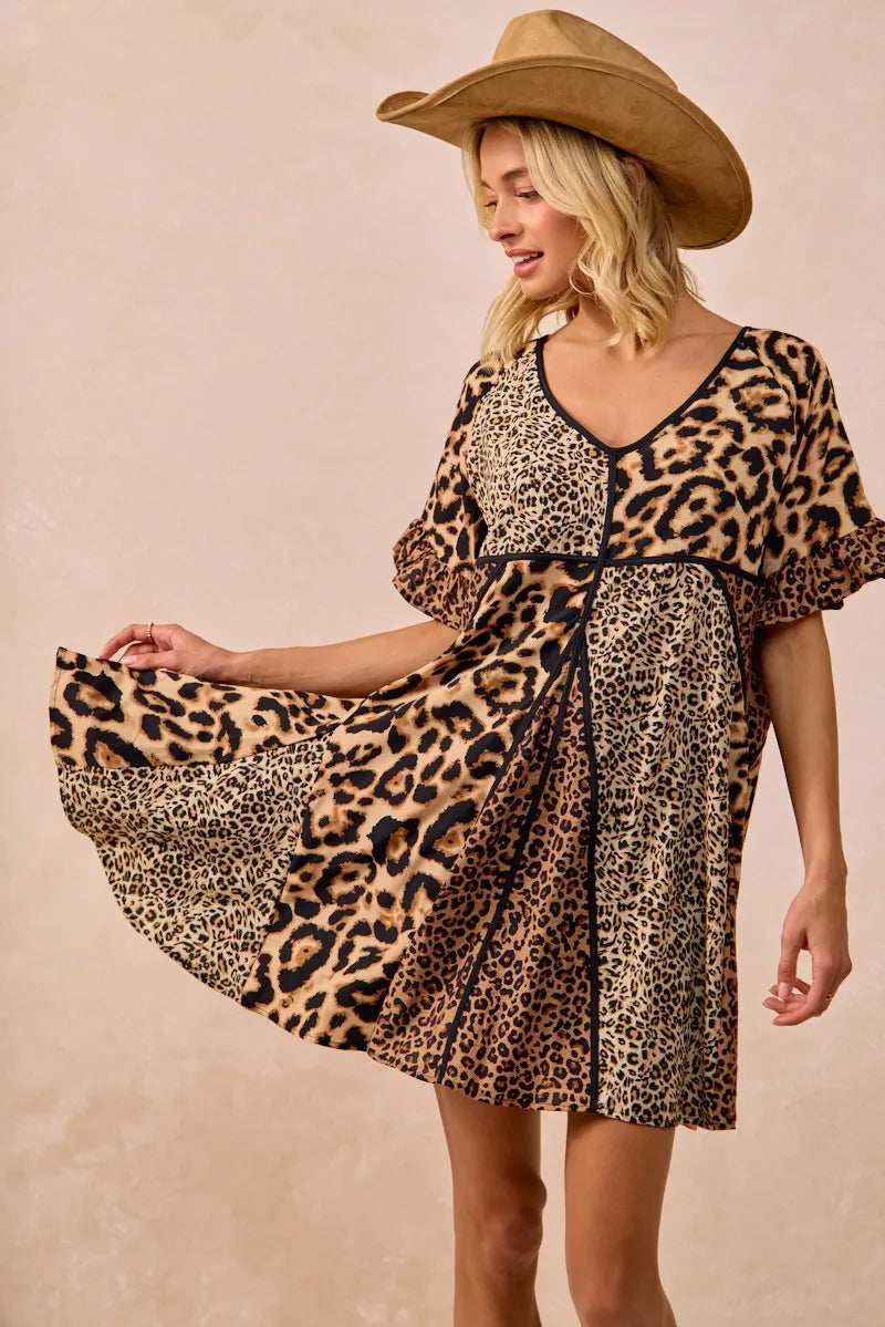 BiBi Leopard Prints Mix and Match Short Sleeves Dress - Trendsi - Flyclothing LLC