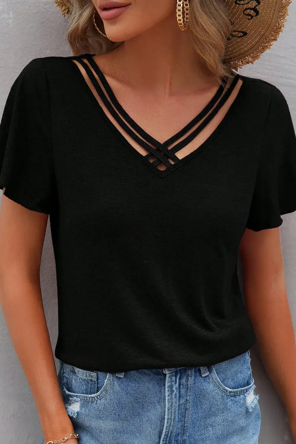 V-Neck Short Sleeve T-Shirt - Trendsi - Flyclothing LLC