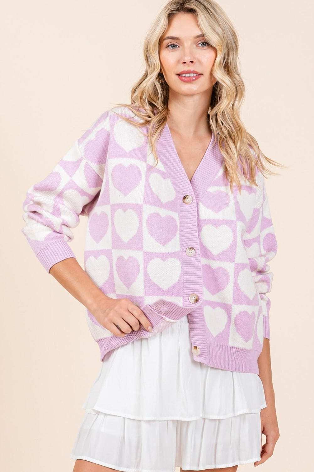 Mittoshop Checkered Heart Button Down Cardigan - Trendsi - Flyclothing LLC