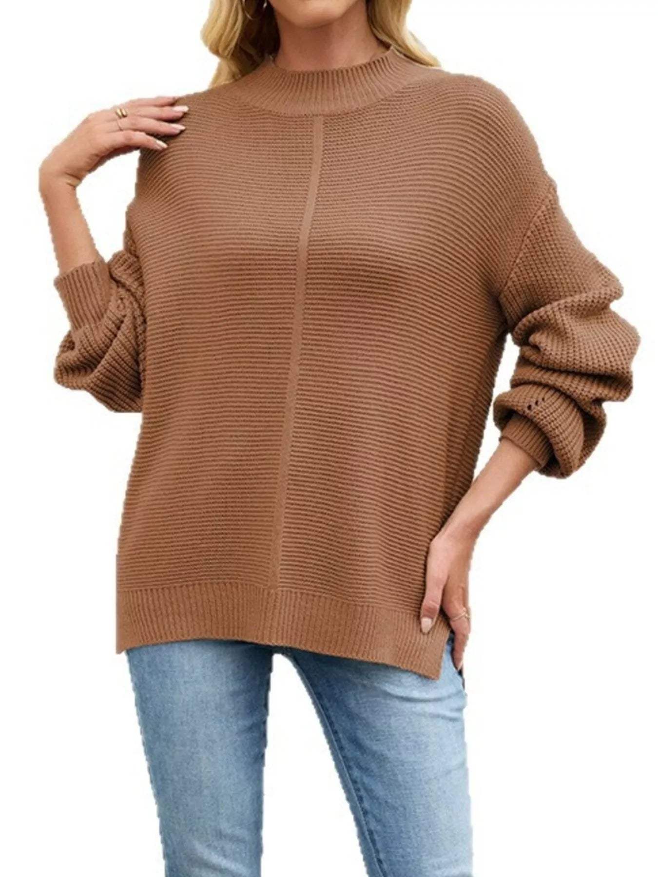 Ribbed Mock Neck Drop Shoulder Sweater - Trendsi - Flyclothing LLC