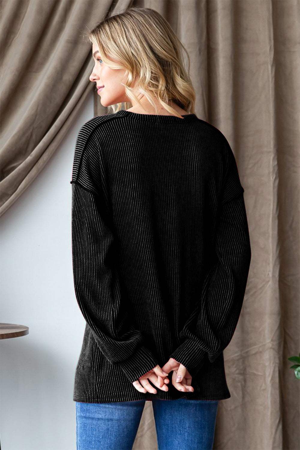 Heimish Ribbed Exposed Seam Long Sleeve T-Shirt - Trendsi - Flyclothing LLC