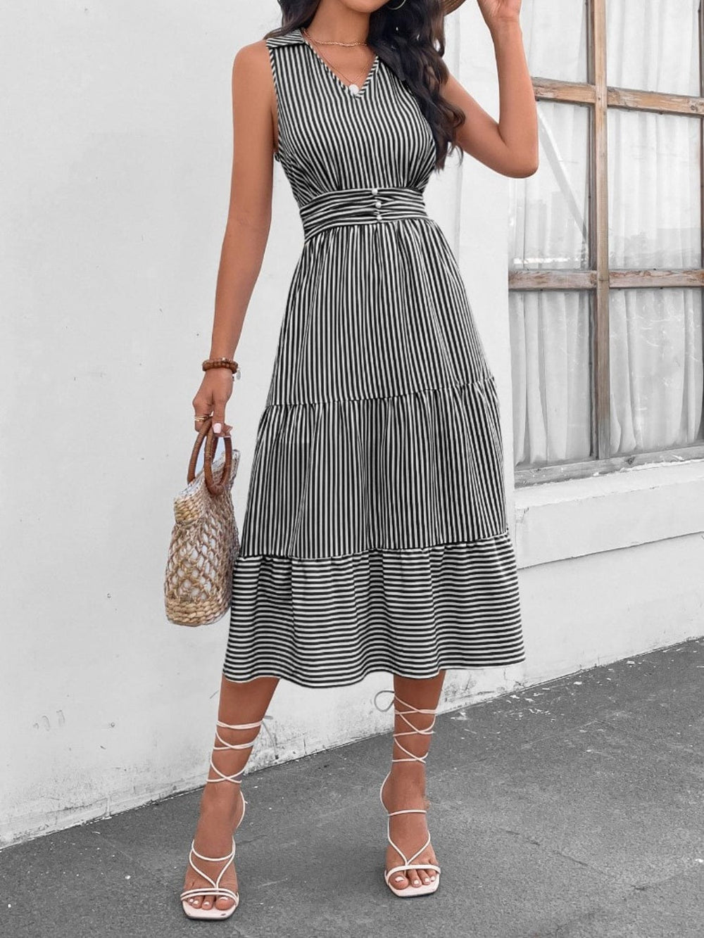 Striped Johnny Collar Sleeveless Midi Dress - Trendsi