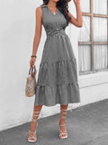 Striped Johnny Collar Sleeveless Midi Dress - Trendsi