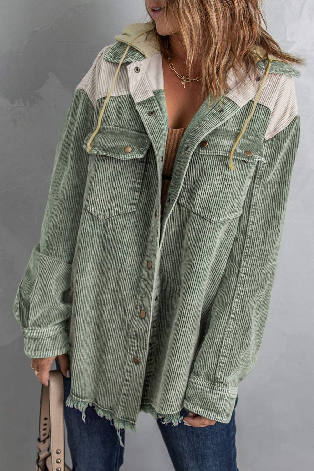 Snap Front Hooded Corduroy Shacket - Trendsi - Flyclothing LLC