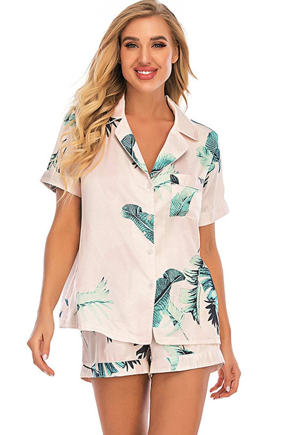 Printed Button Up Short Sleeve Top and Shorts Lounge Set - Trendsi - Flyclothing LLC