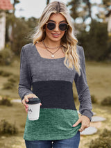 Color Block Square Neck Long Sleeve T-Shirt - Trendsi - Flyclothing LLC