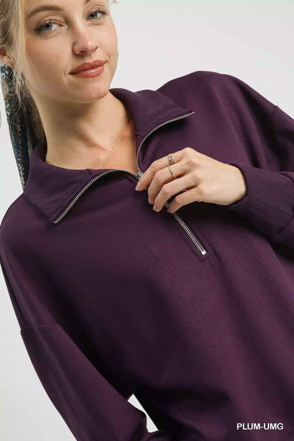Umgee Half Zip Drop Shoulder Sweatshirt - Trendsi - Flyclothing LLC