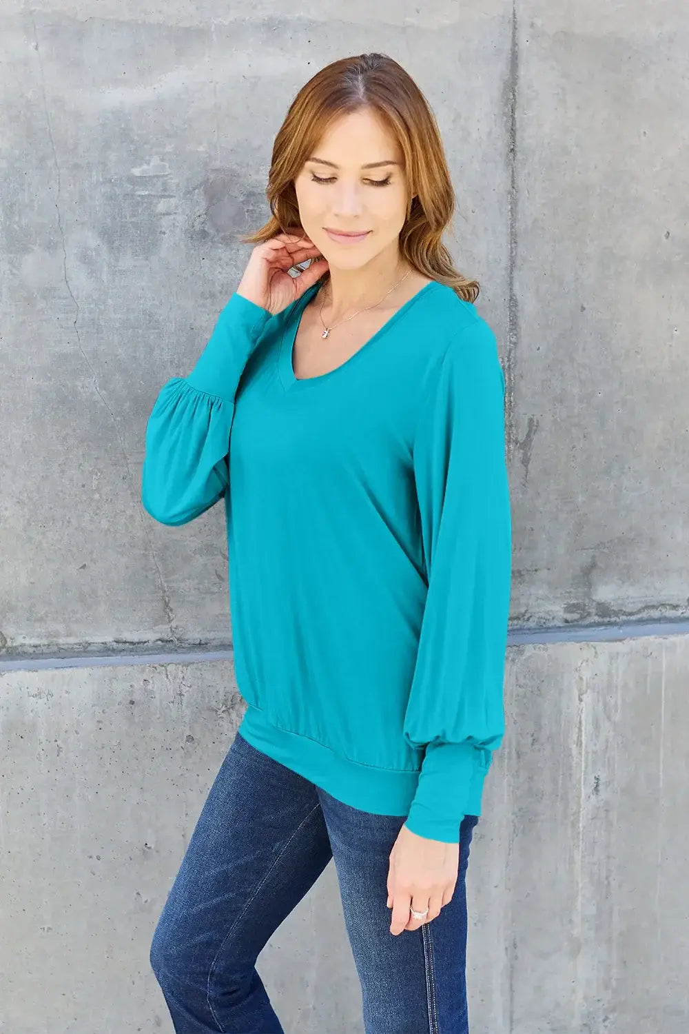 Basic Bae Full Size V-Neck Lantern Sleeve Top - Trendsi - Flyclothing LLC