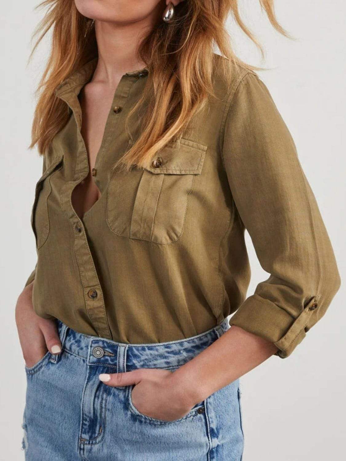 Collared Neck Roll-Tab Sleeve Denim Top - Trendsi - Flyclothing LLC