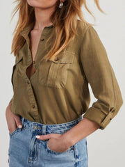 Collared Neck Roll-Tab Sleeve Denim Top - Trendsi