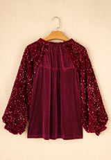 Sequin Notched Long Sleeve Blouse - Trendsi - Flyclothing LLC
