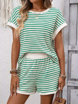 Striped Casual Round Neck Top and Shorts Set - Trendsi - Flyclothing LLC