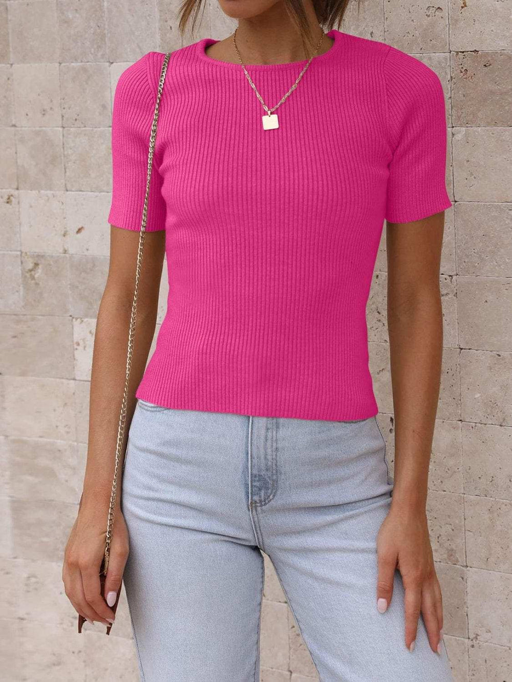 Round Neck Short Sleeve Knit Top - Trendsi - Flyclothing LLC