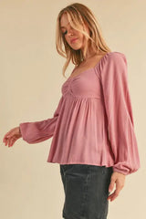 Aemi + Co Ruched Sweetheart Neck Balloon Sleeve Blouse - Trendsi - Flyclothing LLC