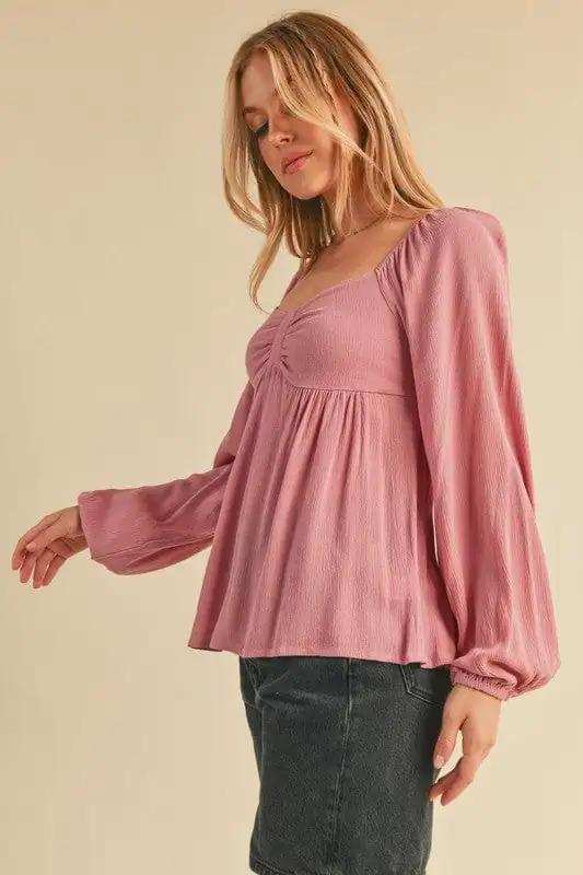 Aemi + Co Ruched Sweetheart Neck Balloon Sleeve Blouse - Trendsi - Flyclothing LLC