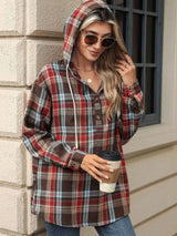 Drawstring Plaid Hooded Long Sleeve Top - Trendsi - Flyclothing LLC