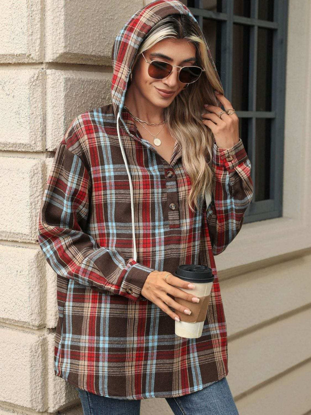 Drawstring Plaid Hooded Long Sleeve Top - Trendsi - Flyclothing LLC
