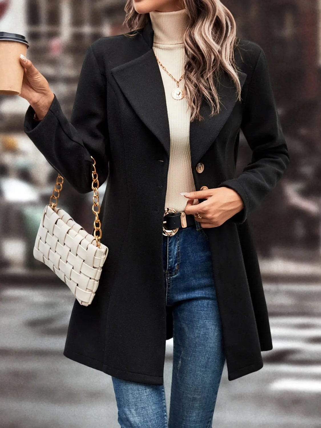 Collared Neck Long Sleeve Longline Coat - Trendsi - Flyclothing LLC