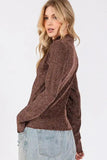 SAGE + FIG Glitter Mock Neck Lettuce Hem Long Sleeve Top - Trendsi