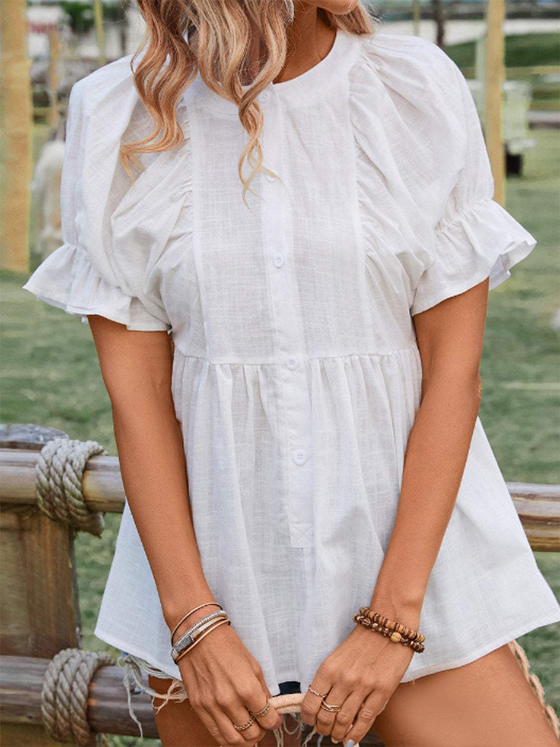 Peplum Round Neck Flounce Sleeve Blouse - Trendsi - Flyclothing LLC