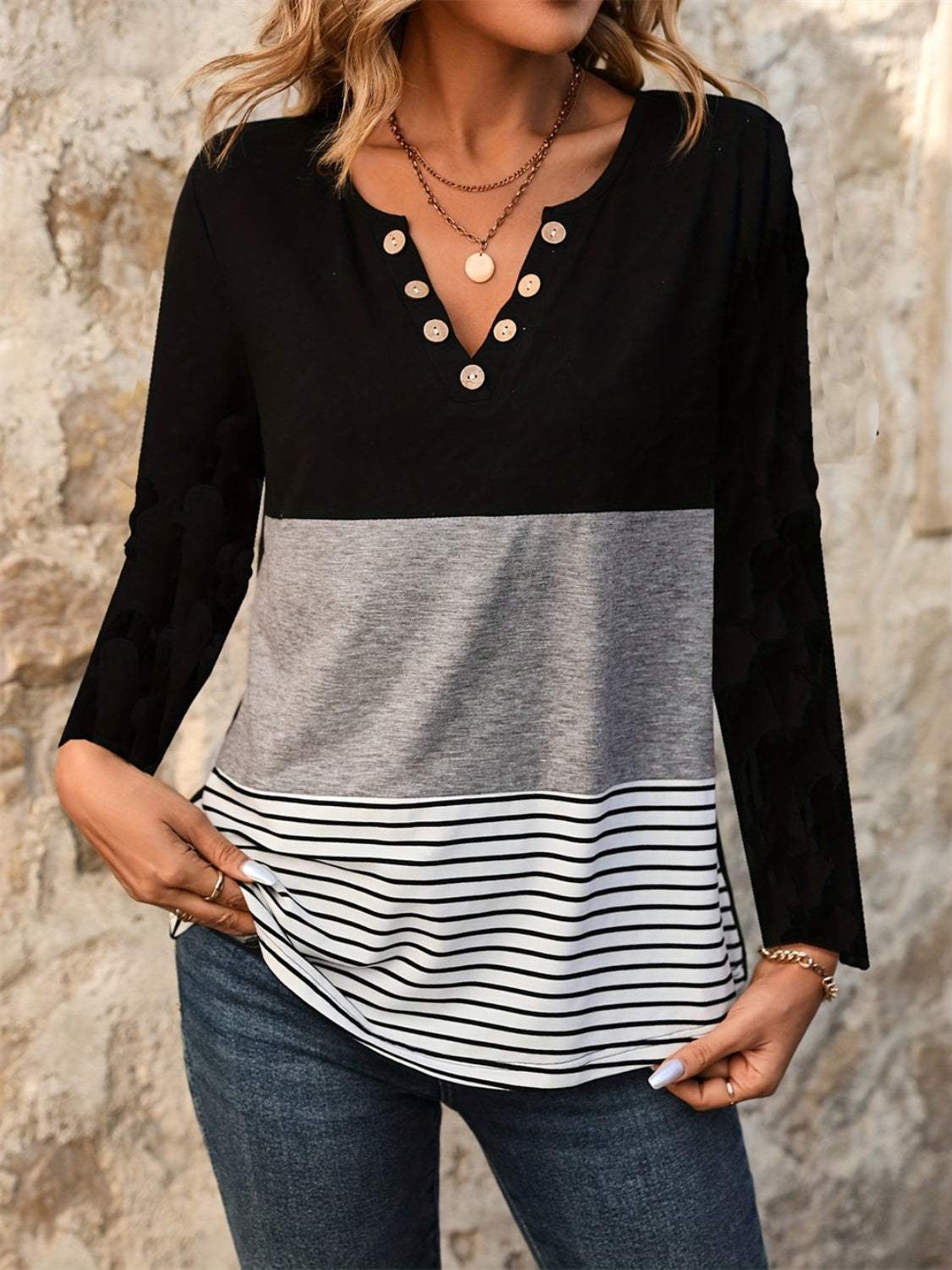 Notched Long Sleeve T-Shirt - Trendsi - Flyclothing LLC