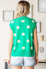 First Love Full Size Flower Pattern Round Neck Sweater Vest - Trendsi - Flyclothing LLC