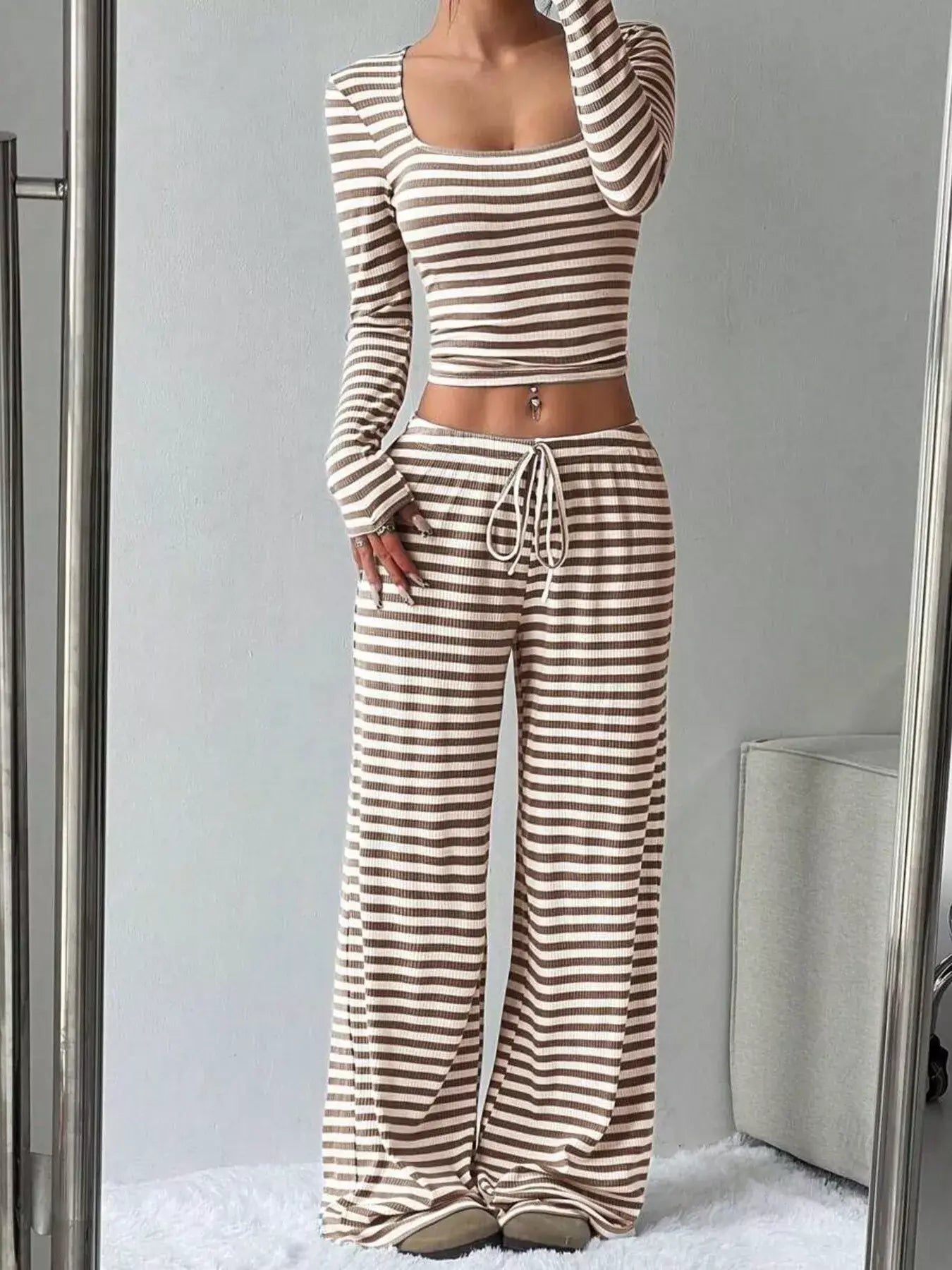 Striped Long Sleeve Crop Top and Wide Leg Pants Set - Trendsi - Flyclothing LLC
