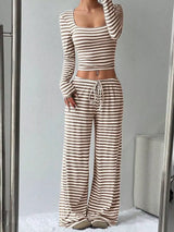 Striped Long Sleeve Crop Top and Wide Leg Pants Set - Trendsi - Flyclothing LLC