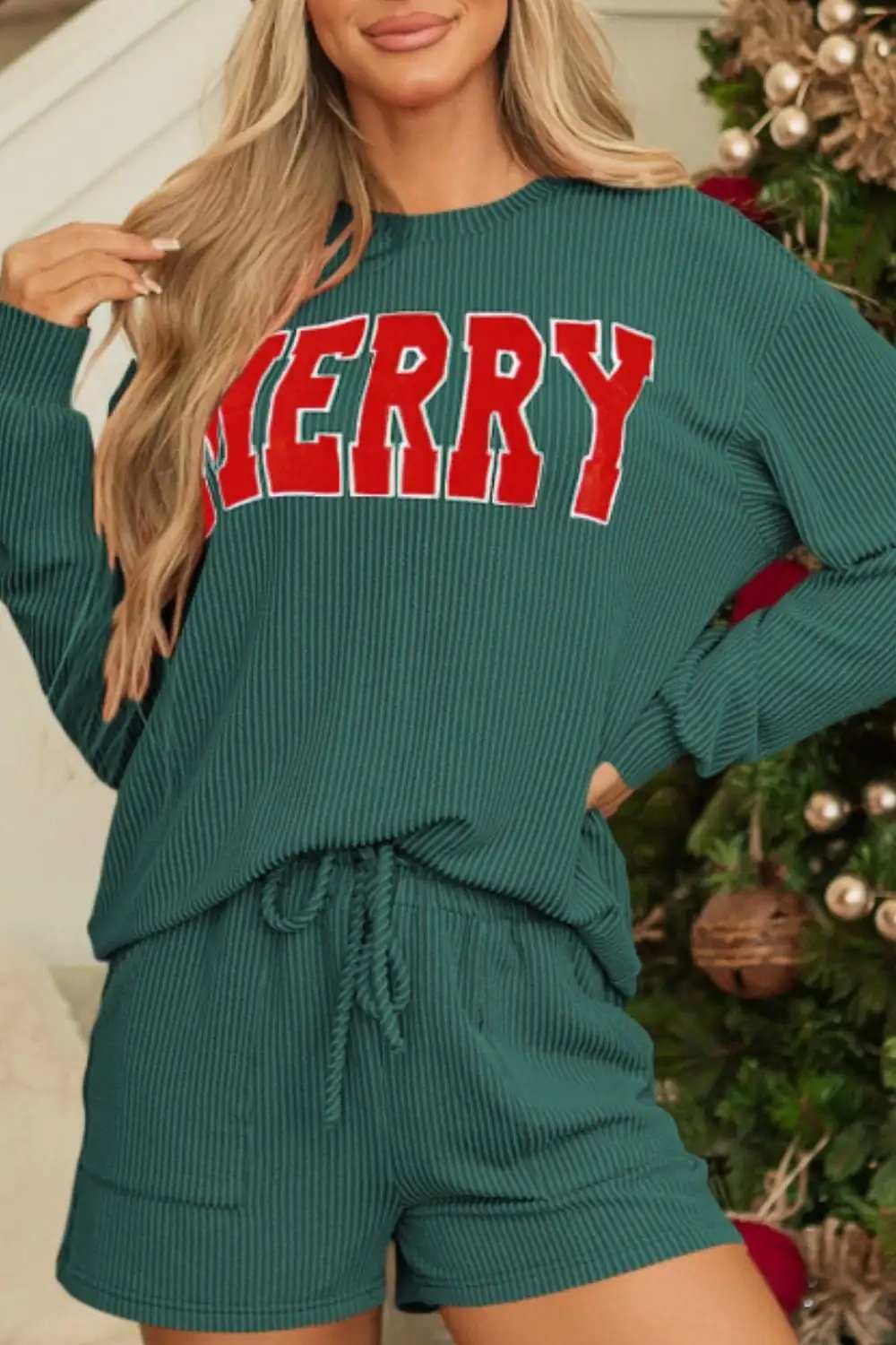 MERRY Round Neck Long Sleeve Top and Shorts Lounge Set - Trendsi - Flyclothing LLC