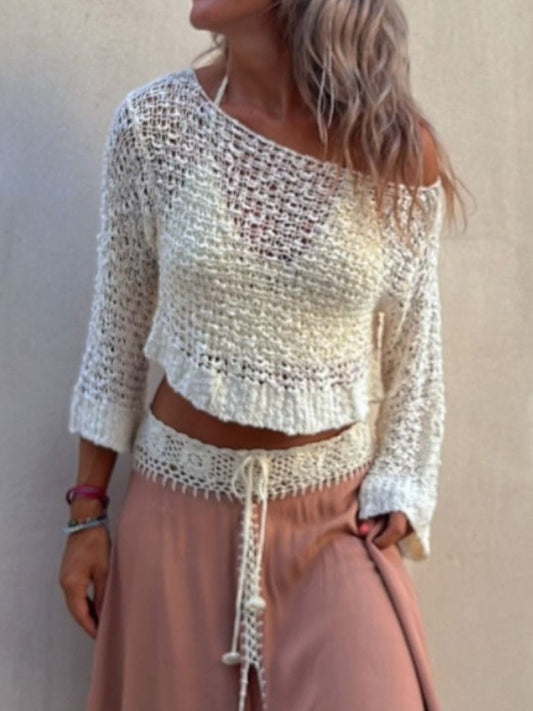 Round Neck Long Sleeve Knit Cover Up - Trendsi