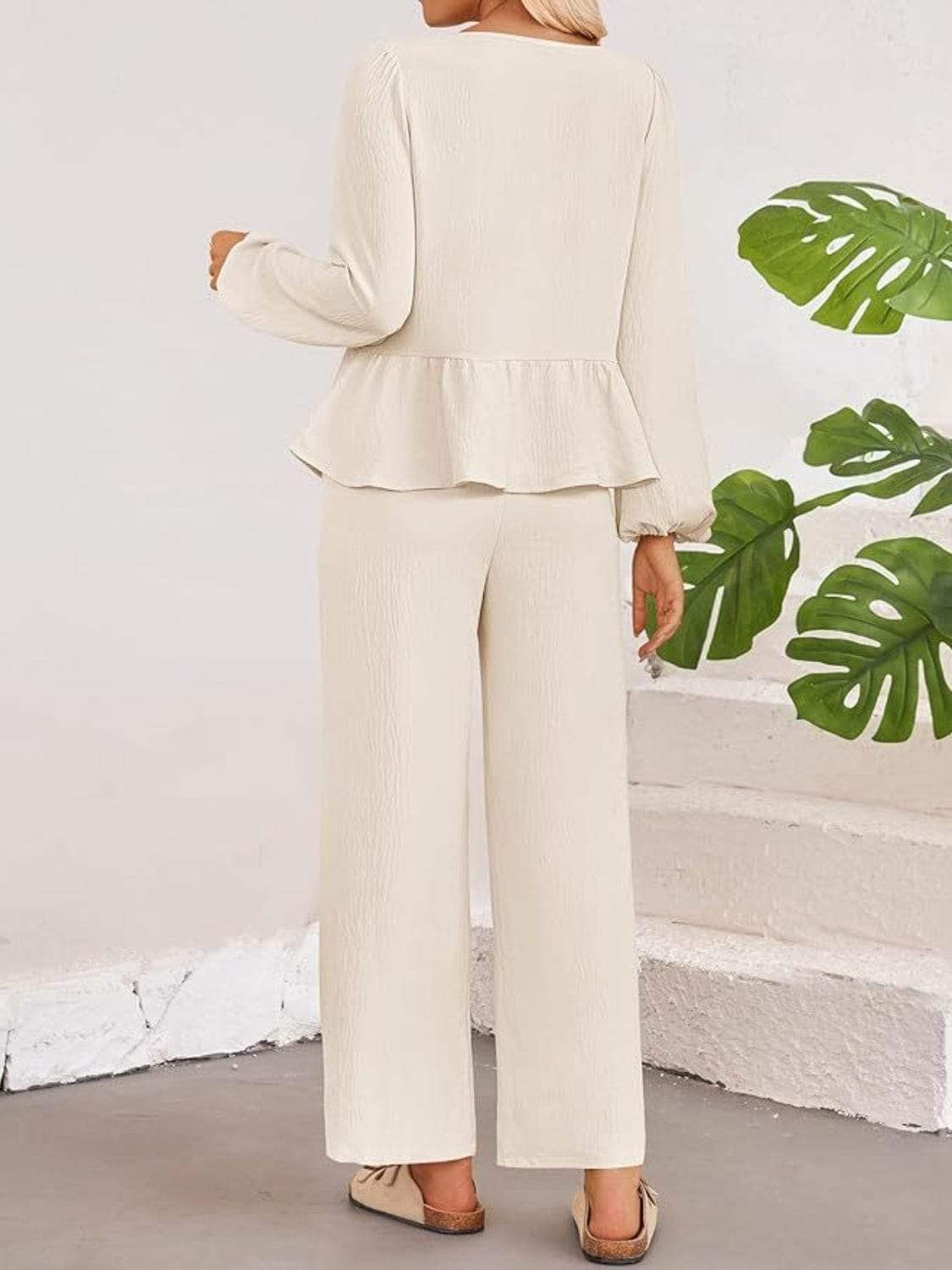 Tie Neck Balloon Sleeve Top and Pants Set - Trendsi - Flyclothing LLC